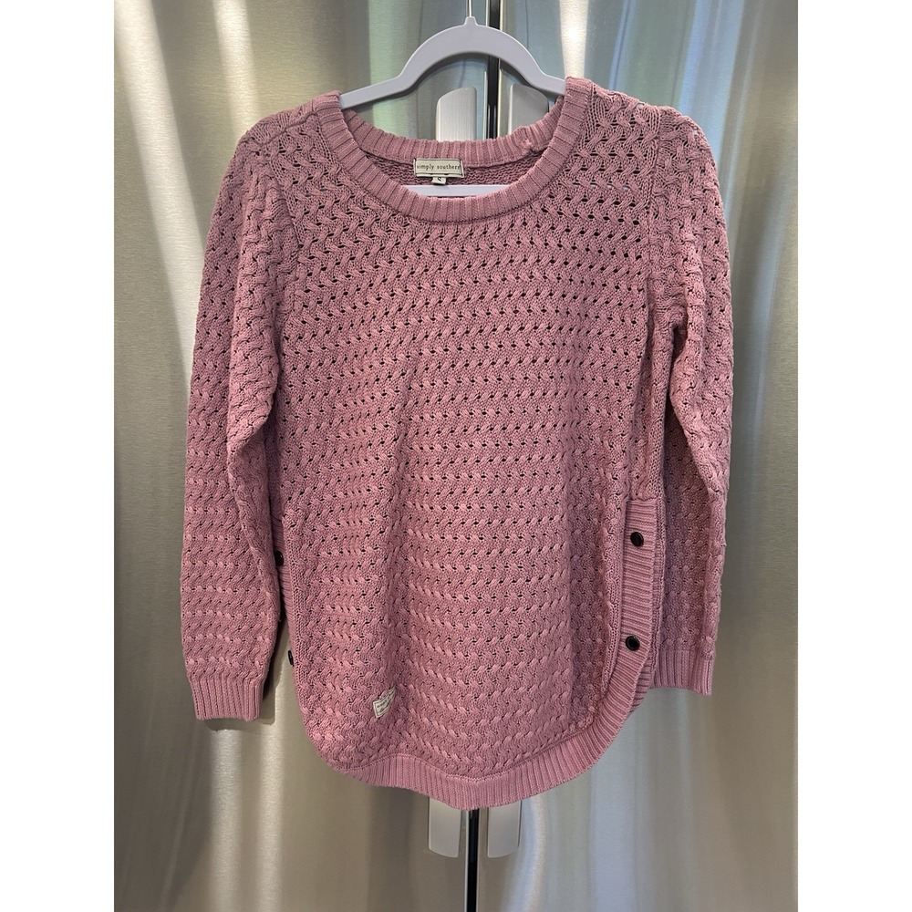 Simply Southern Women's Sweater Small Pink Knit Side Button Pullover Chunky Cozy
